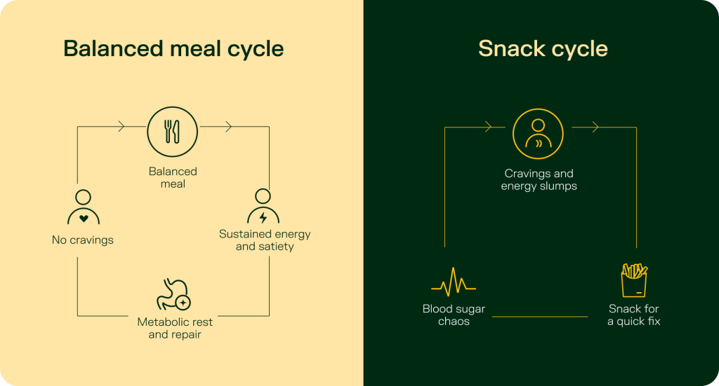 Balanced meals promote sustained energy whereas snacking in between mealtimes can lead to energy crash.
