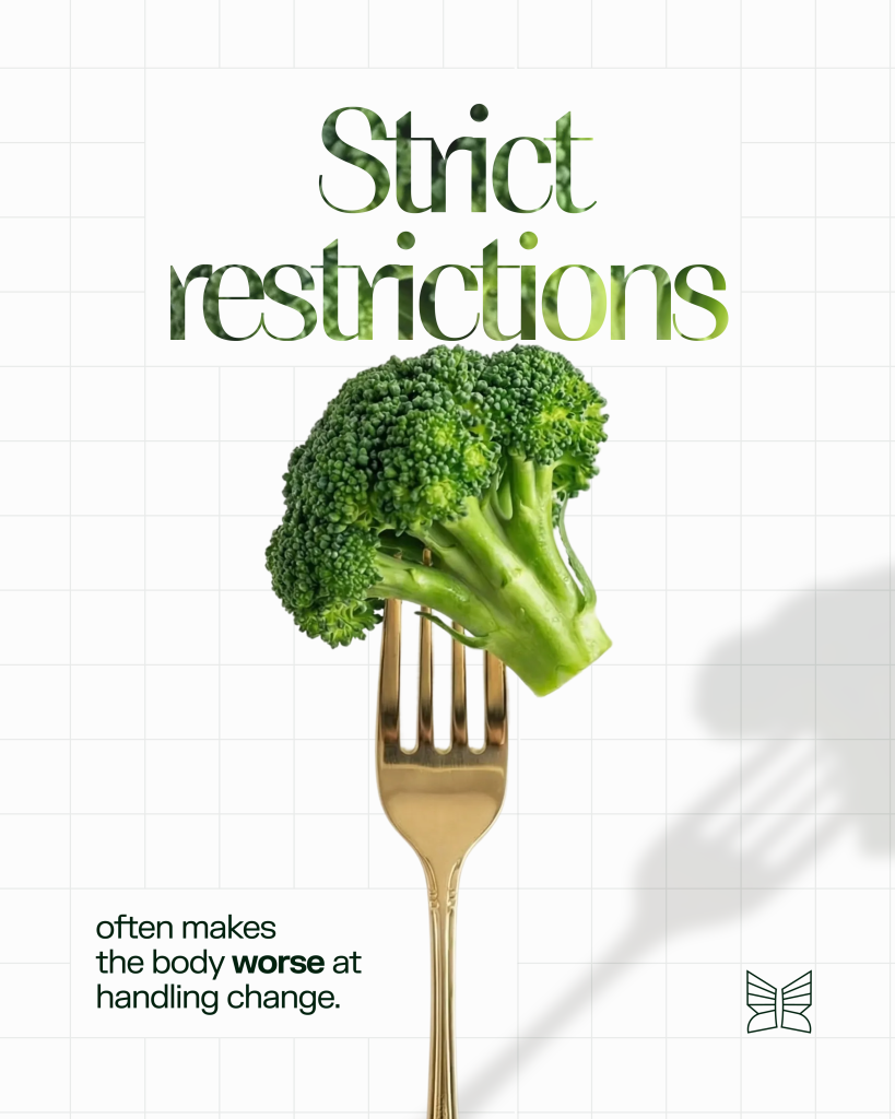 Broccoli on a gold fork with text explaining that strict dietary restrictions often make the body worse at handling metabolic change